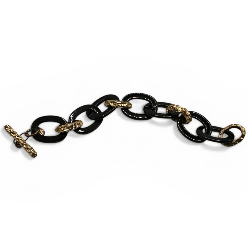 Vintage Trifari* Wide Hammered Gold & Black Open Link Bracelet w/Toggle Clasp 8” - Picture 3 of 8